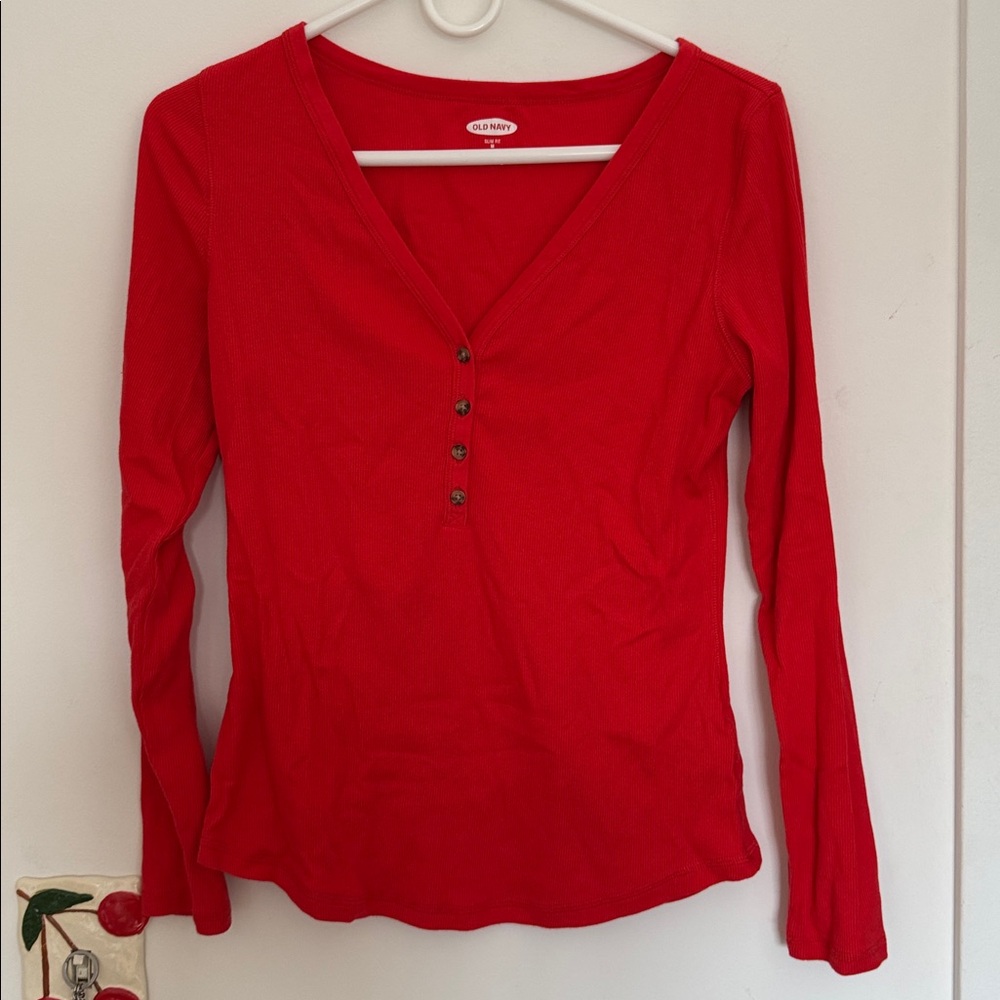 Bright Red V-Neck Long Sleeve Top